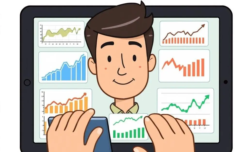A cartoon-style image of a person looking at various investment charts.