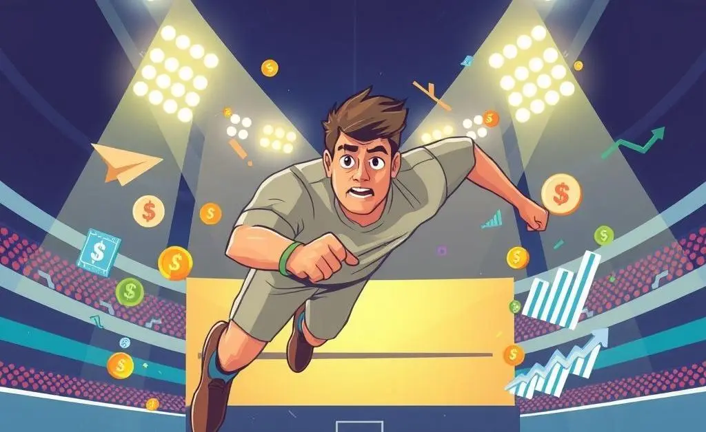Illustration of a person either jumping or crawling towards a finish line with finance-related symbols.