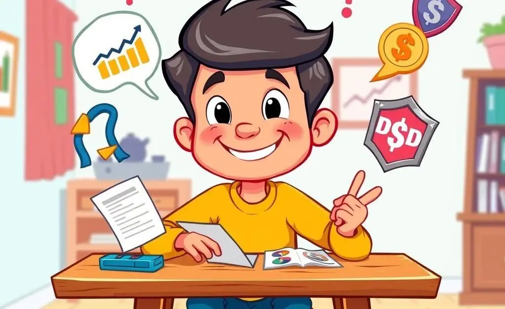 A cartoon-style depiction of a person weighing different investment options like stocks and bonds.