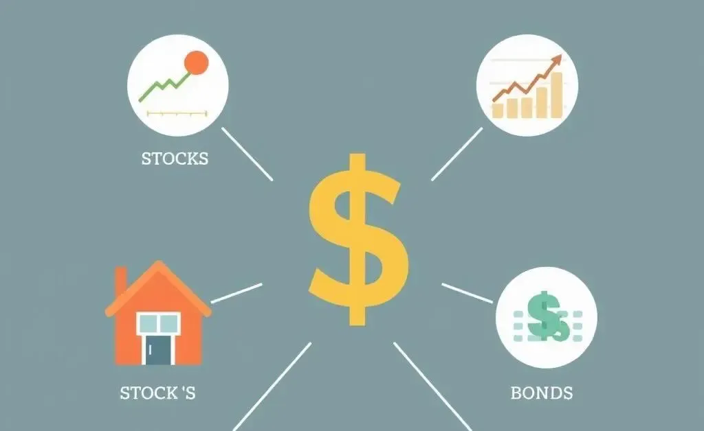 A minimalist illustration of various investment options like stocks, bonds, and mutual funds.