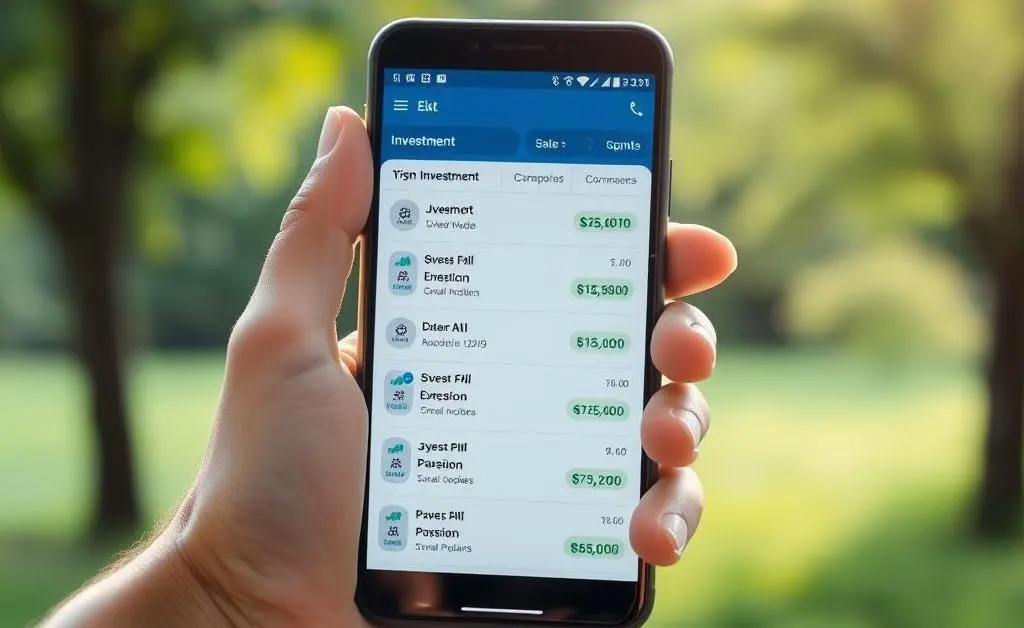Hand holding phone with investment options displayed