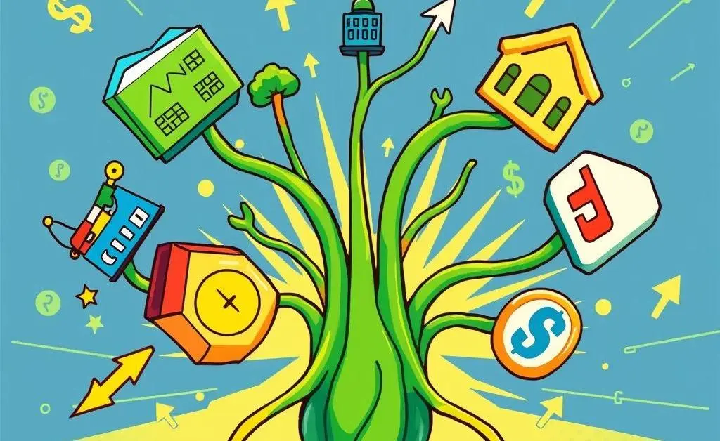 An infographic-style cartoon with various investment options sprouting from a single source.