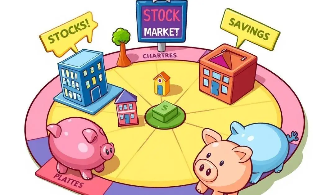 A cartoon-style board with different investment options like stocks, real estate, and savings clearly marked.