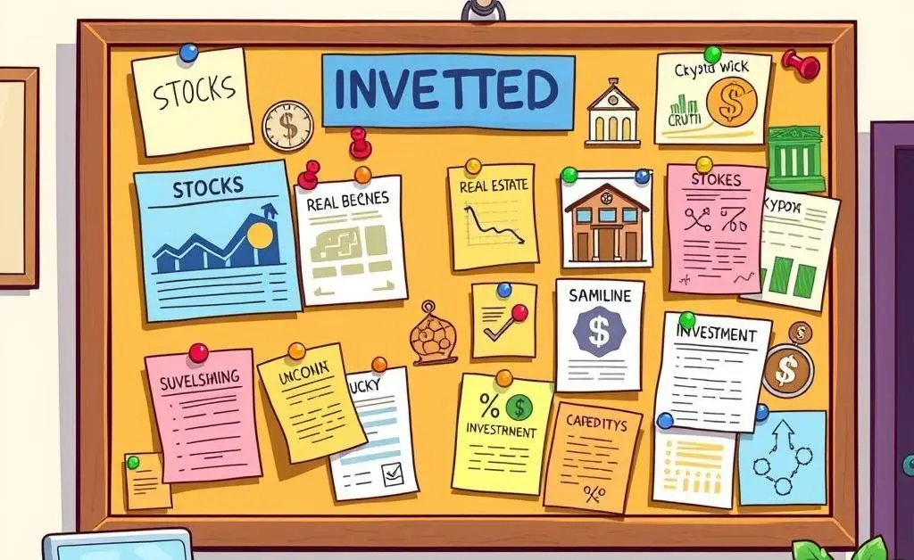 A cartoon-style bulletin board with various investment options pinned on it