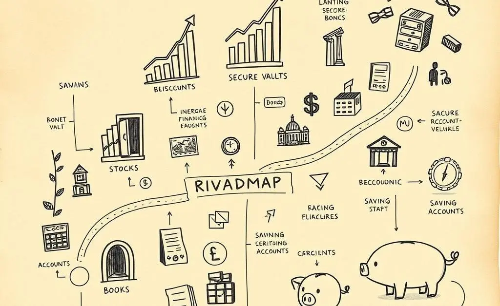 Roadmap with investment options like stocks, bonds, and savings accounts