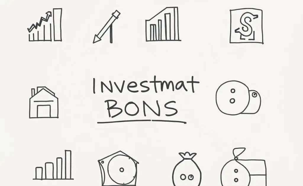 Icons of investment options like stocks, bonds, and savings on a whiteboard.