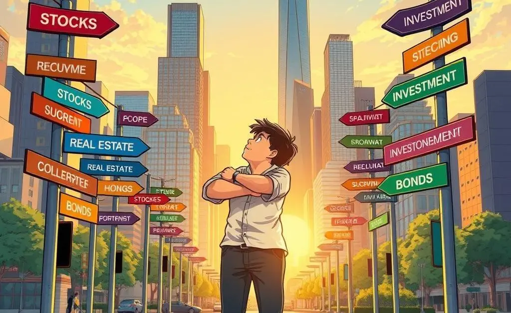 Different investment option signs at a crossroad