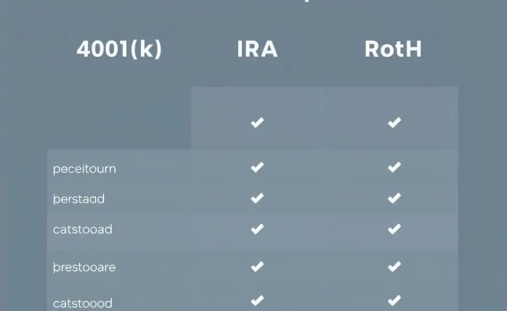 Minimalist chart comparing 401(k), IRA, and Roth IRA options.