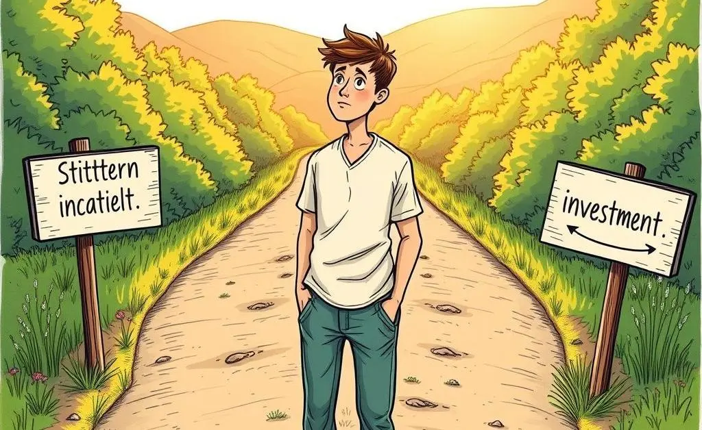 A person at a forked path labeled with different investment options.