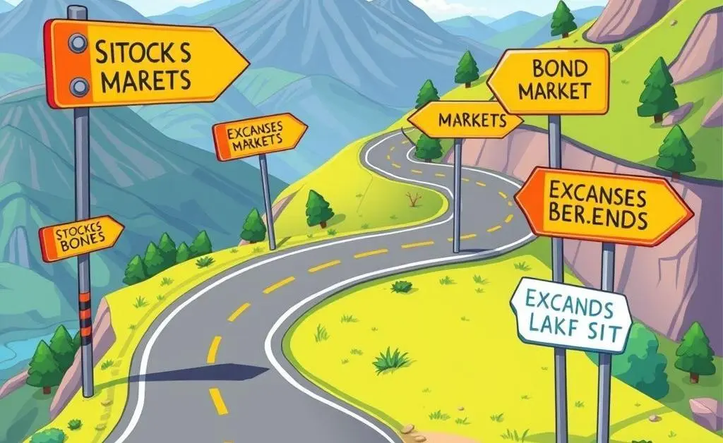 Illustration of a road filled with various investment options like stocks, bonds, and ETFs.