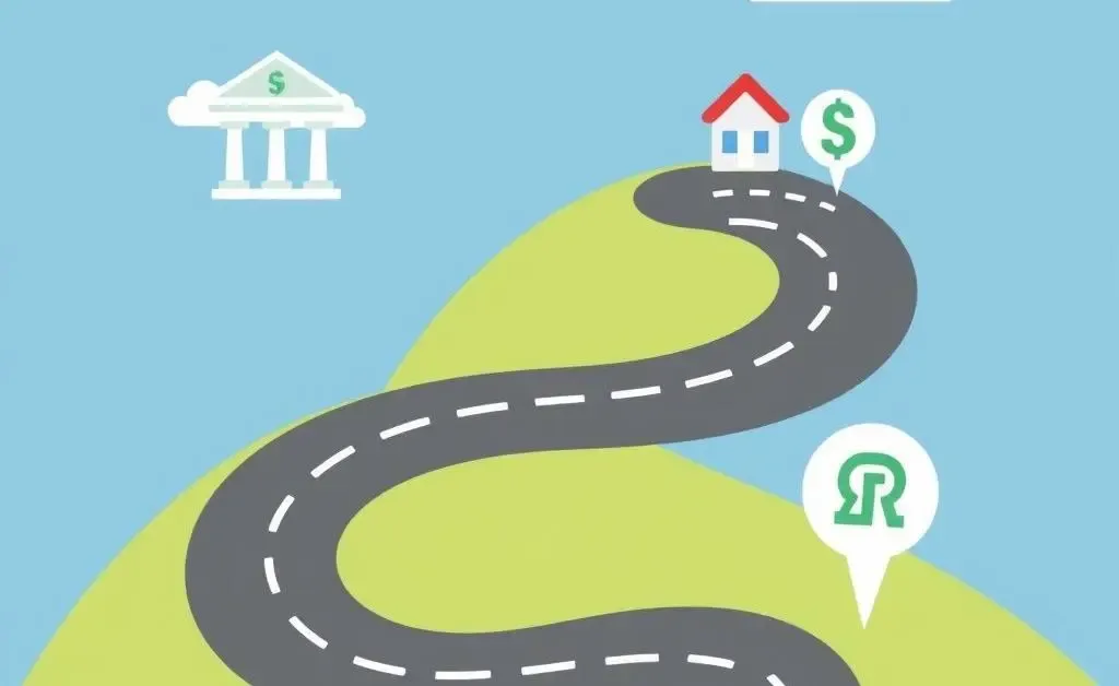 Road with financial landmarks like a bank, house, and retirement symbol