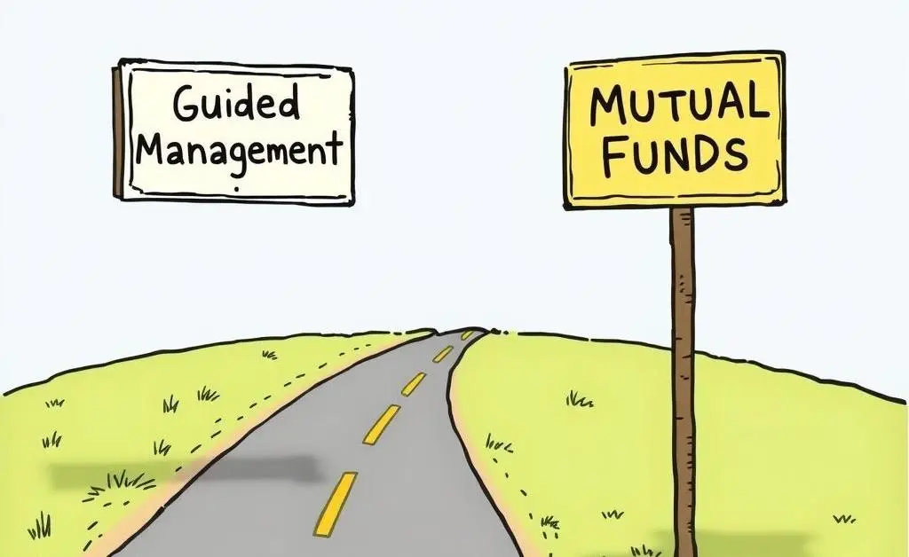 A cartoon of a forked road with signs labeled 'Guided Management' and 'Mutual Funds'