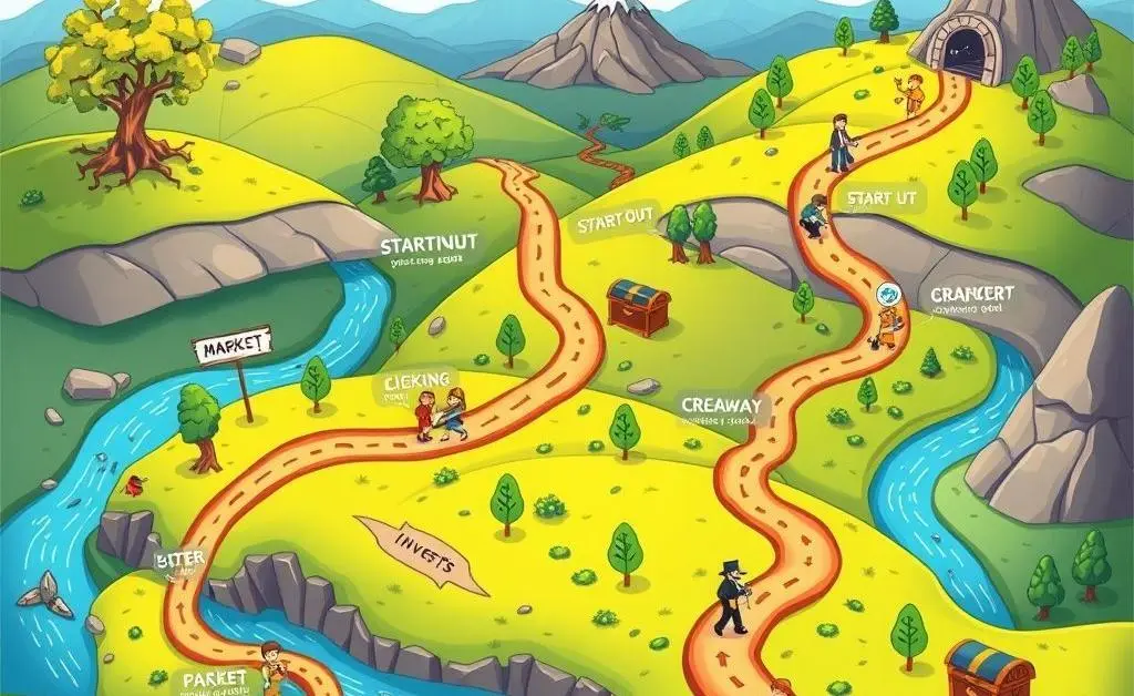 Cartoon map illustrating various paths and milestones in investing