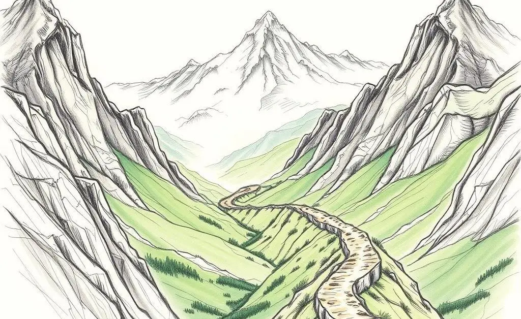 A winding path through mountains symbolizing an investment journey