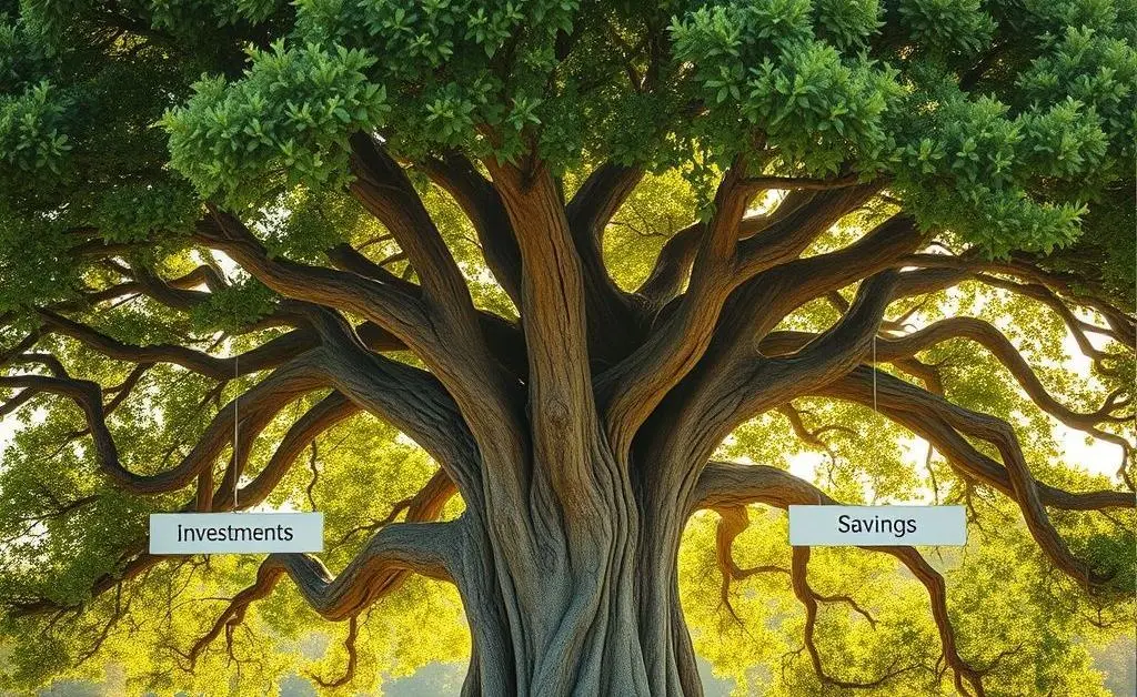 A mature tree with branches labeled 'Investments, Savings, Budgeting, Goals' symbolizing financial growth paths.