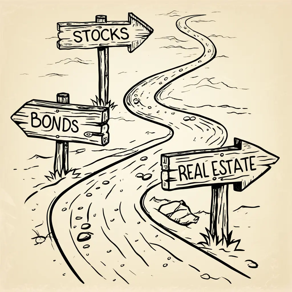 Various investment paths like stocks, bonds, and real estate