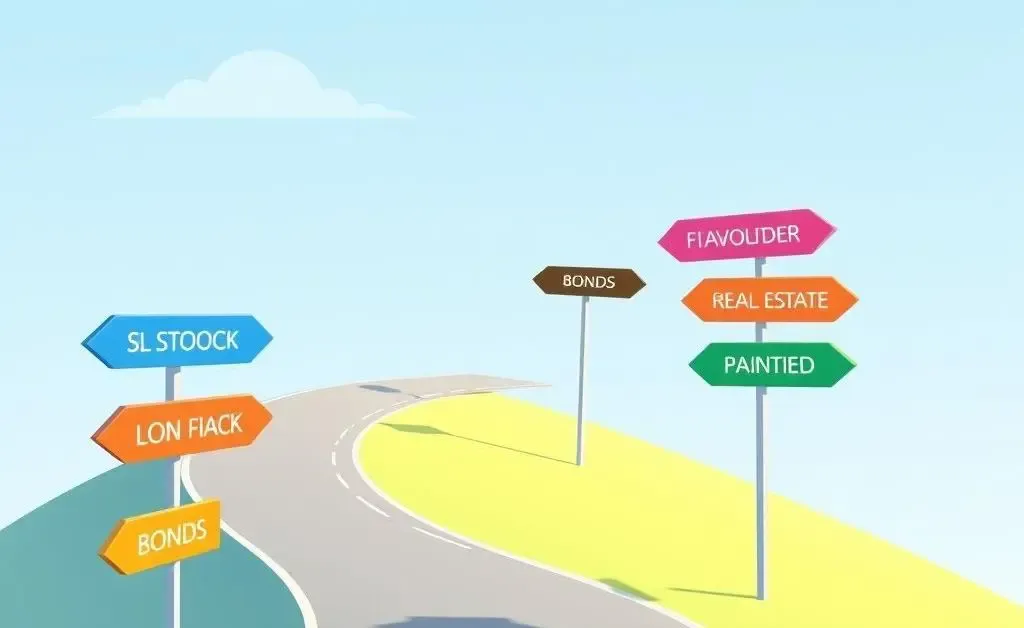 A pathway with signs pointing to different investment options like stocks, bonds, and real estate.