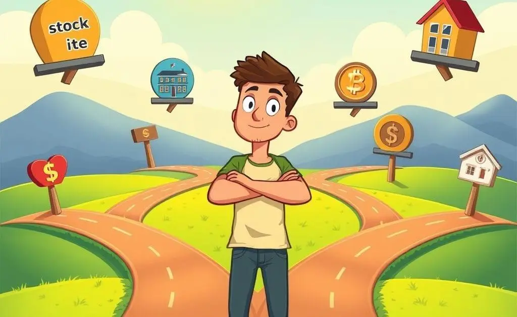 Person contemplating different investment paths at a crossroads.