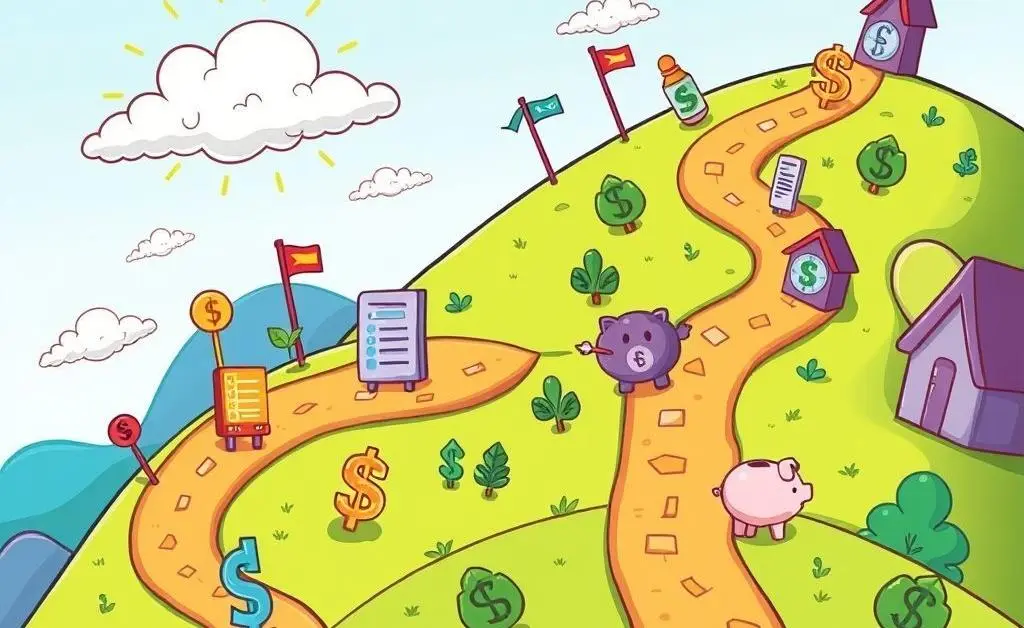 Different financial symbols along a pathway