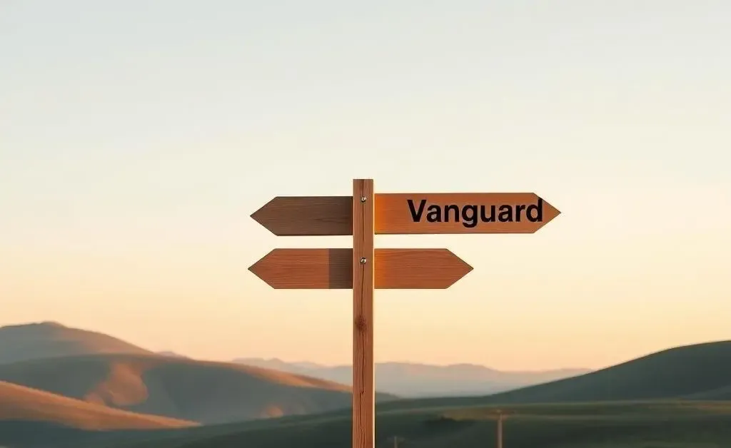 A minimalist landscape image showing a road sign with arrows pointing towards 'Fidelity' and 'Vanguard', symbolizing pathways for investment.