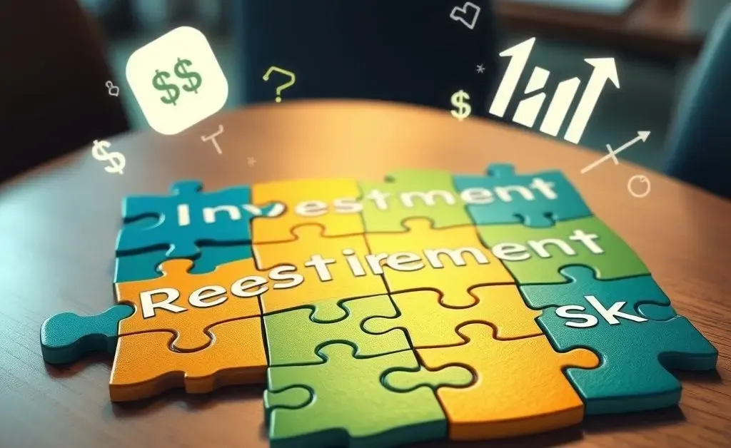 Jigsaw puzzle pieces labeled 'Savings', 'Investment', 'Retirement', 'Risk'.