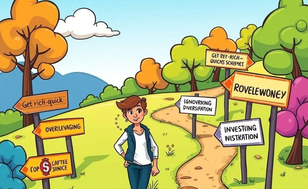 A cartoon-style illustration of a person navigating a path with signs showing investment pitfalls.
