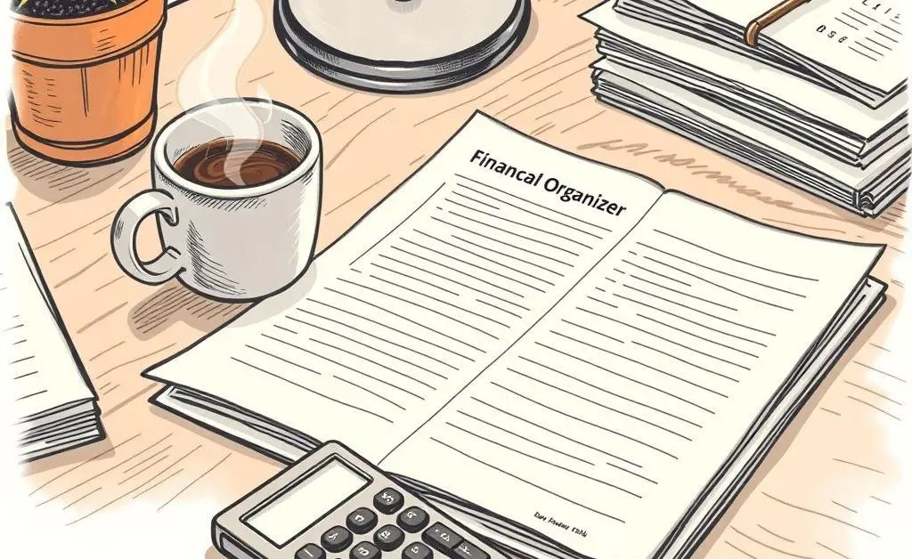 A hand-drawn aesthetic of a desk with financial planning documents, a calculator, and a cup of coffee.