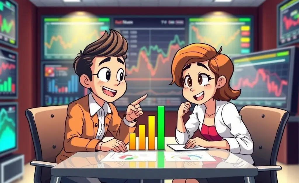 Two animated characters discussing an investment plan over a table with graphs