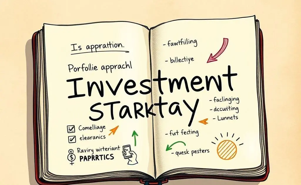 Open investment journal with notes and arrows indicating strategy planning