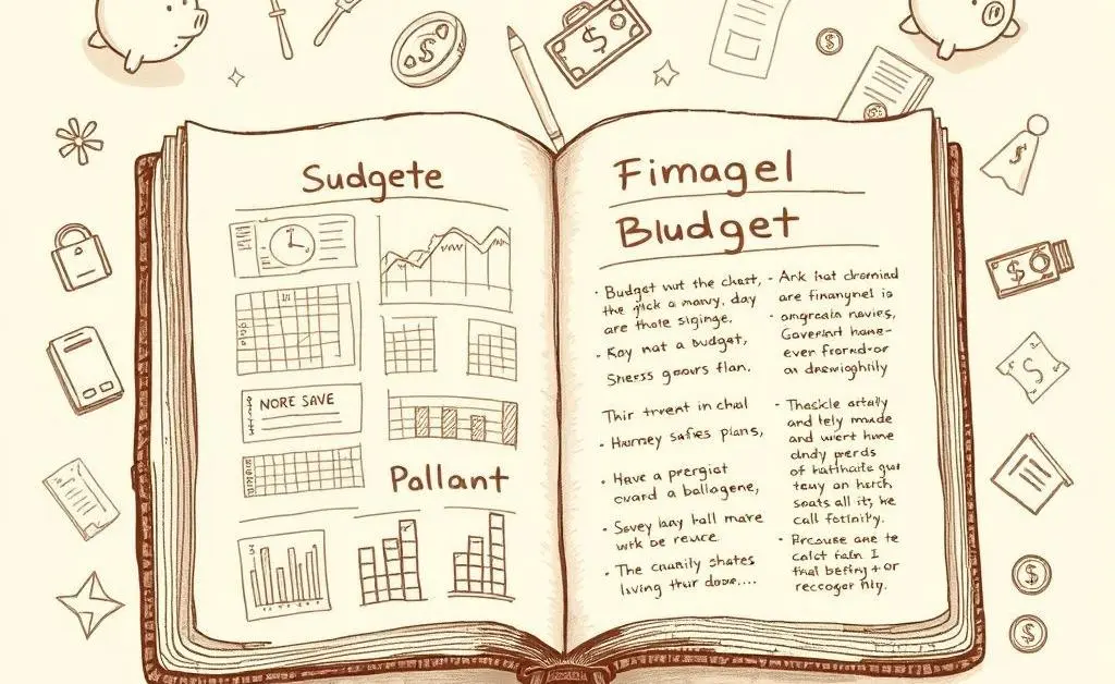 Hand-drawn notebook with sketched financial charts and a friendly pencil resting on it.