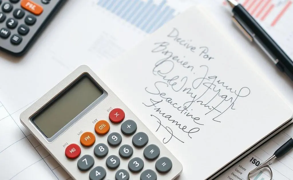 Handwritten notes on a notebook with a calculator and financial charts