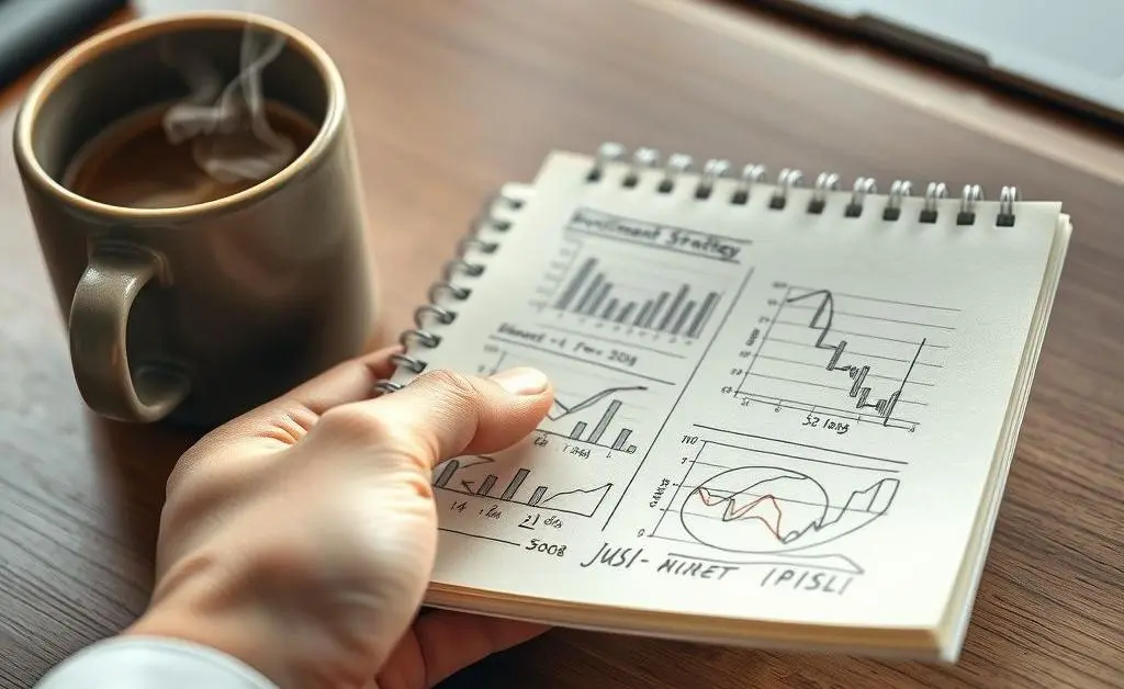 A hand holding a notepad with investment planning sketches, alongside a coffee cup on a desk.