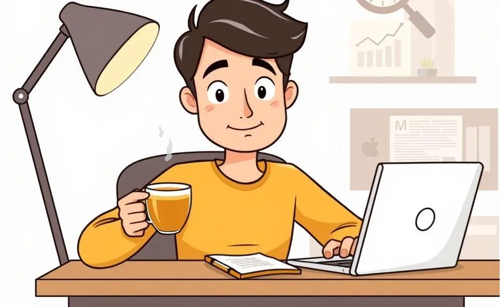 A person sitting with a cup of tea, planning investments with a notepad and laptop.