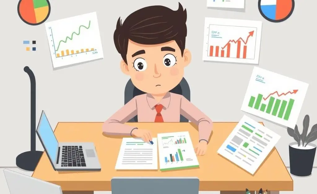 A cartoon-style scene of a person planning investments at a desk, surrounded by graphs, laptops, and coffee.