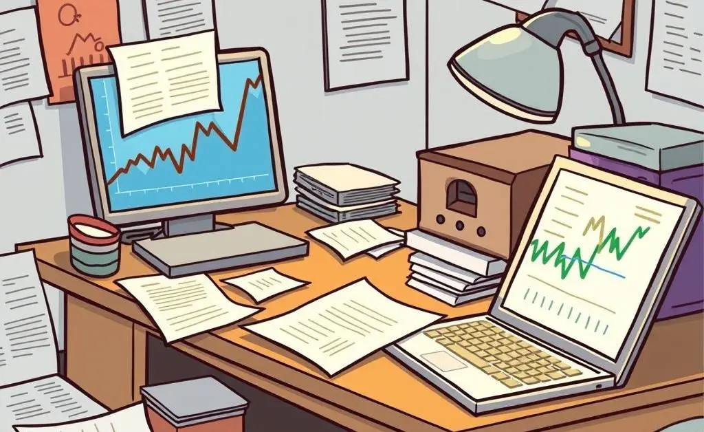 Cluttered desk with investment planning materials