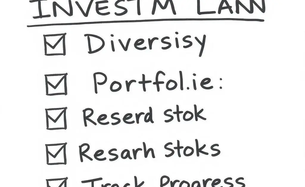 A hand-drawn checklist with items like 'Diversify Portfolio', 'Research Stocks', and 'Track Progress', symbolizing organized investment planning