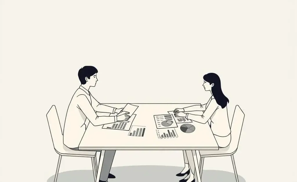 Two people sitting over a table discussing investment plans.