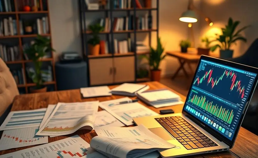 A cozy home office with financial plans and a laptop showing stock market graphs.