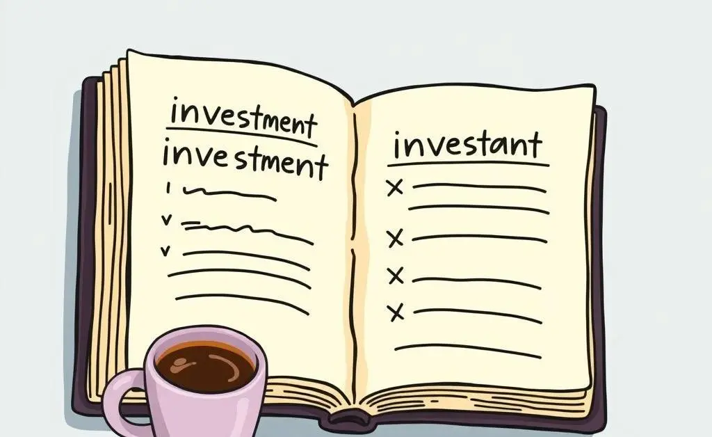 An open diary with investment plans and a coffee cup nearby.