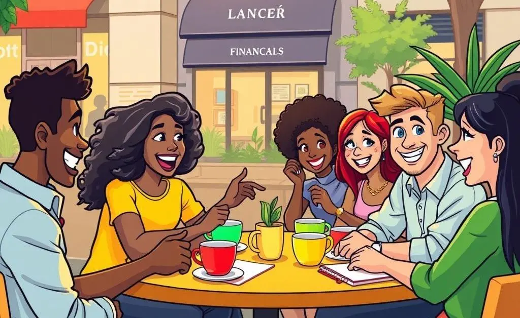 Cartoon-style image showing a group of friends discussing investment plans over coffee.