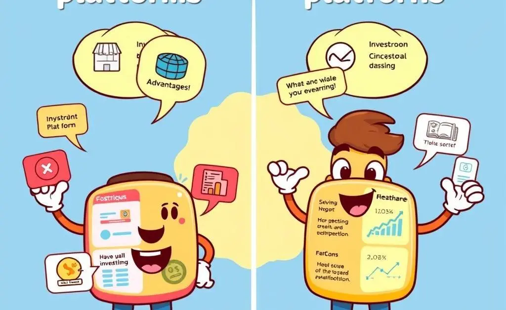 A side-by-side cartoon comparison of two investment platforms.