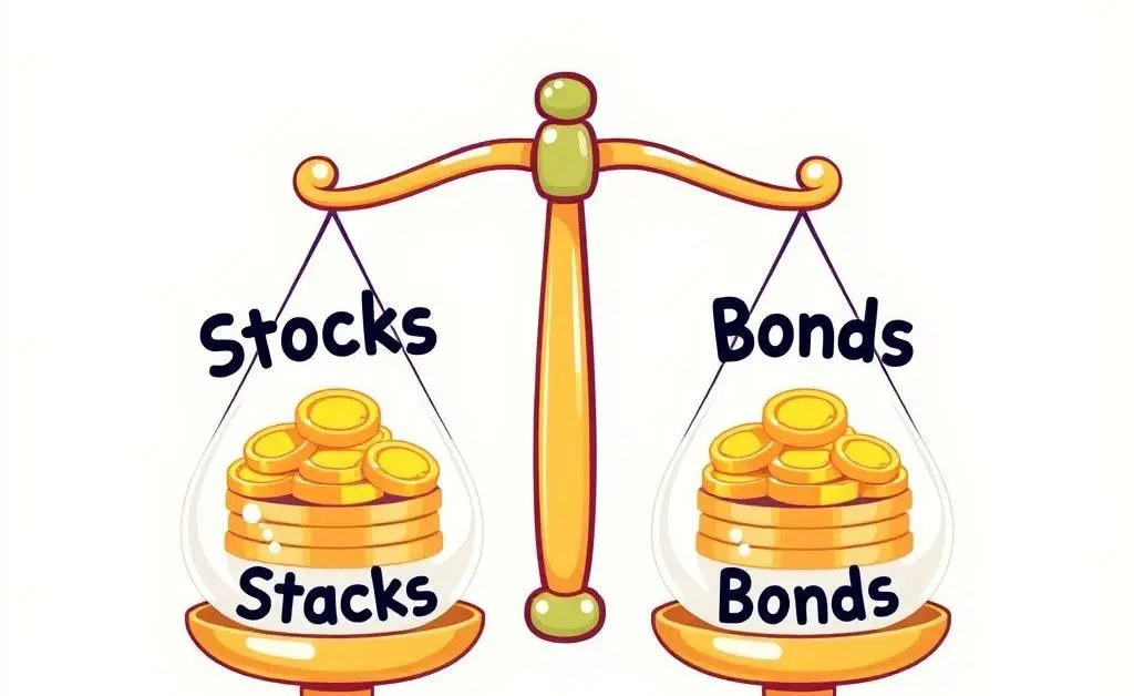 Scales balancing coins labeled Stocks and Bonds