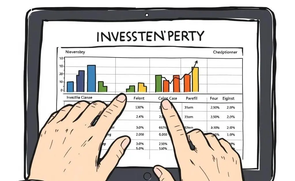 Hand-drawn style image of a person reviewing an investment portfolio on a tablet or laptop.