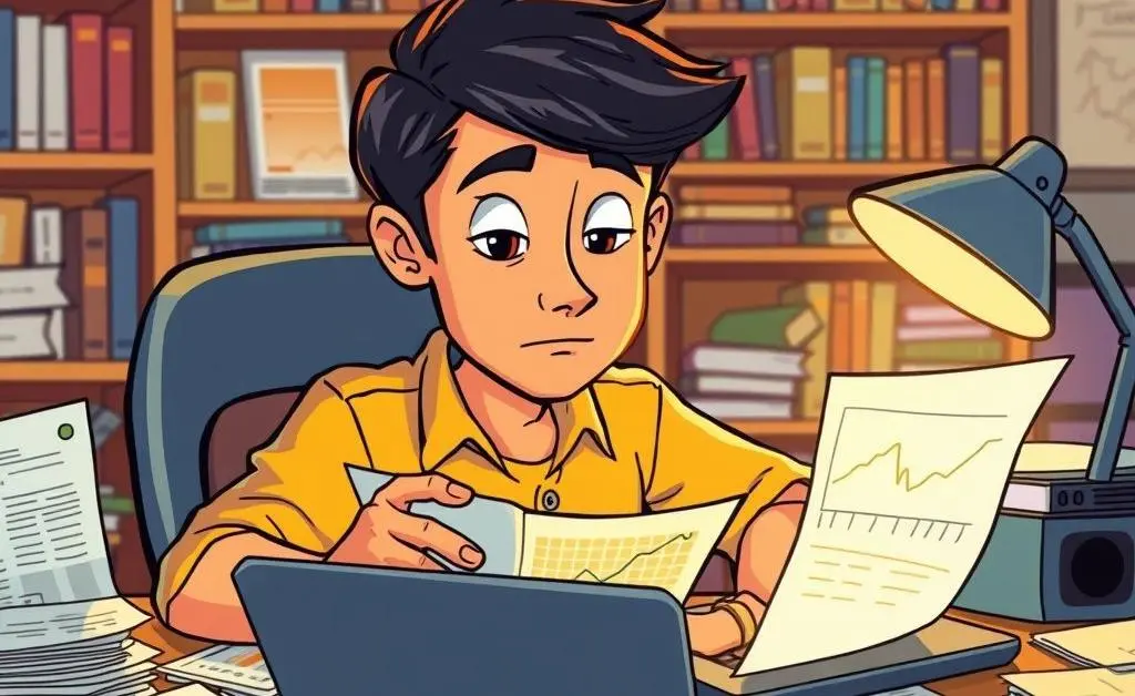 Person studying investment options with papers and a laptop on a desk