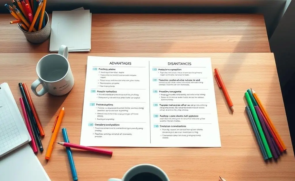A neat table with a pros and cons list about space investment, surrounded by stationery and a mug.