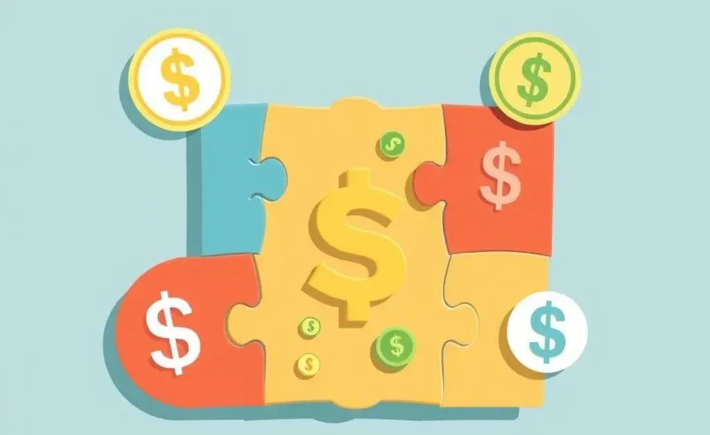 An illustration of a puzzle with different financial symbols coming together.