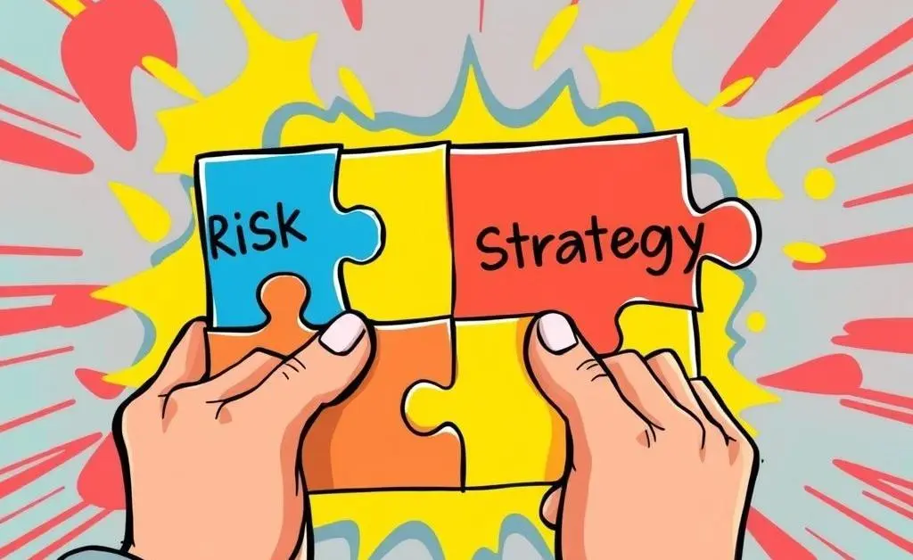 Cartoon hands placing a puzzle together with pieces labeled 'Risk,' 'Reward,' 'Strategy,' and 'Opportunity'