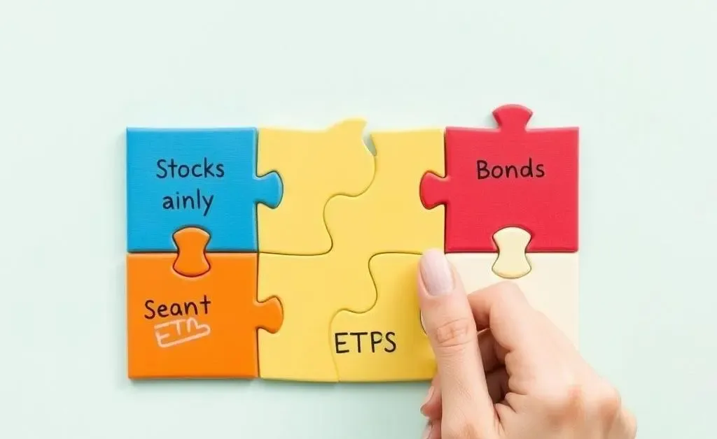 A hand putting together puzzle pieces labeled with different investment options like stocks, bonds, and ETFs.