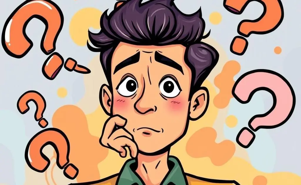 Investor contemplating decisions with question marks around.