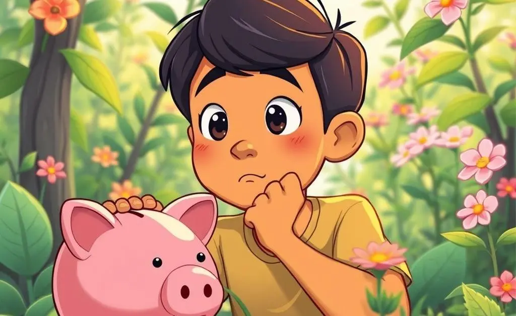 A person reflecting on financial growth surrounded by plants and a piggy bank